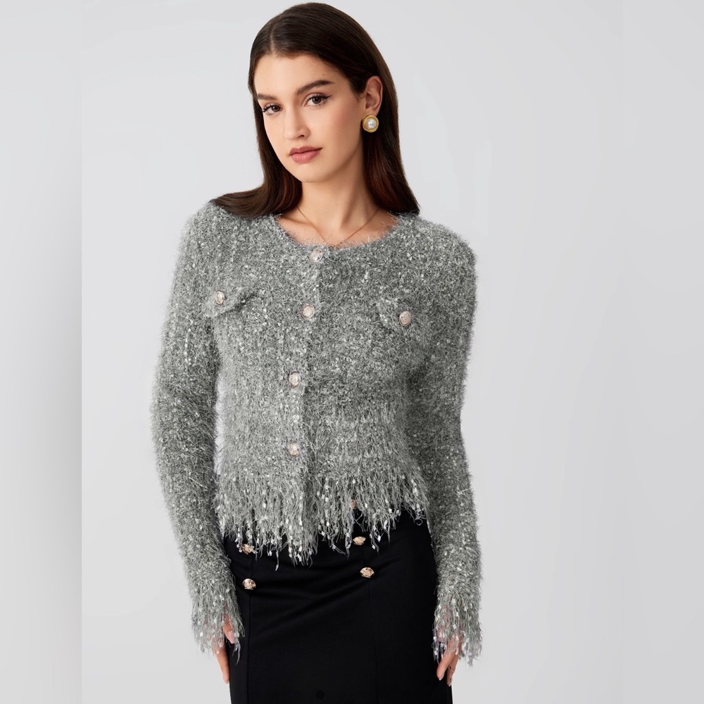 Cider FUZZY ROUND NECK BUTTON METALLIC KNITTED LONG SLEEVE CHIC CARDIGAN L CR1-5 - Picture 2 of 11